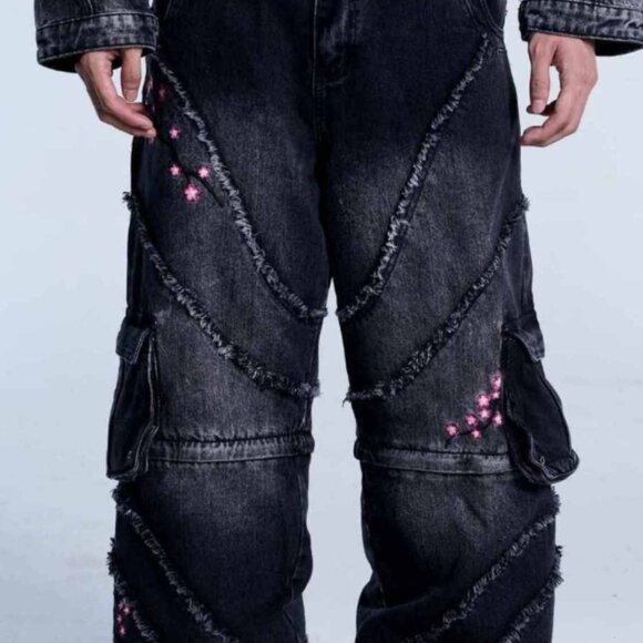 Unpractical Denim Sakura Convertible Black / Grey Denim Cargo Jeans to Shorts - Picture 1 of 6